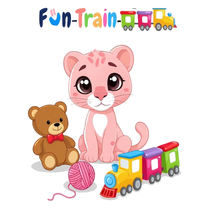 Pinky con il Fun Train, un orsetto e un gomitolo