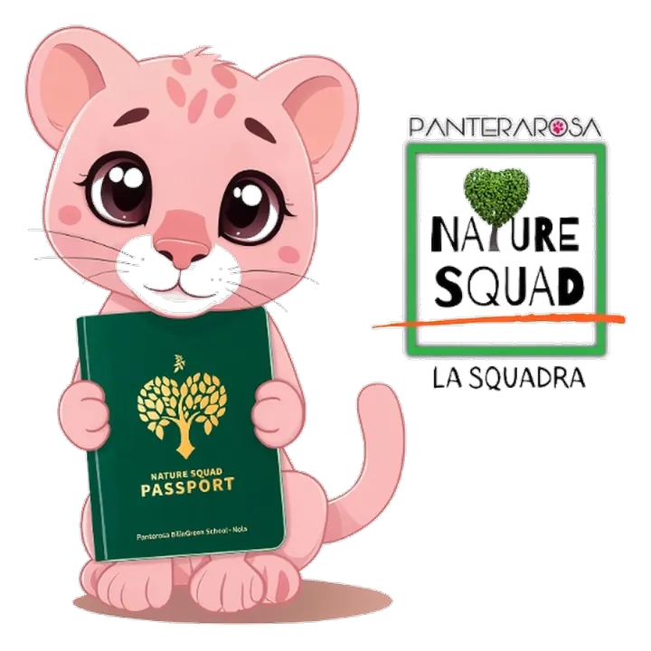 Pinky con il Nature Squad Passport, accanto al marchio Nature Squad